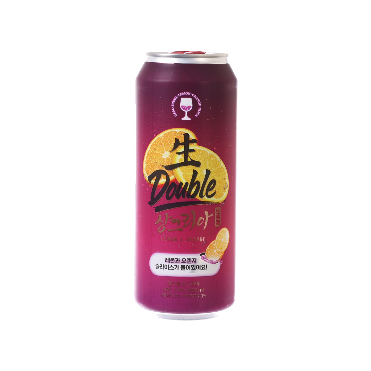 Sangria cocktail can, purple with lemon and orange slice graphic and Double logo