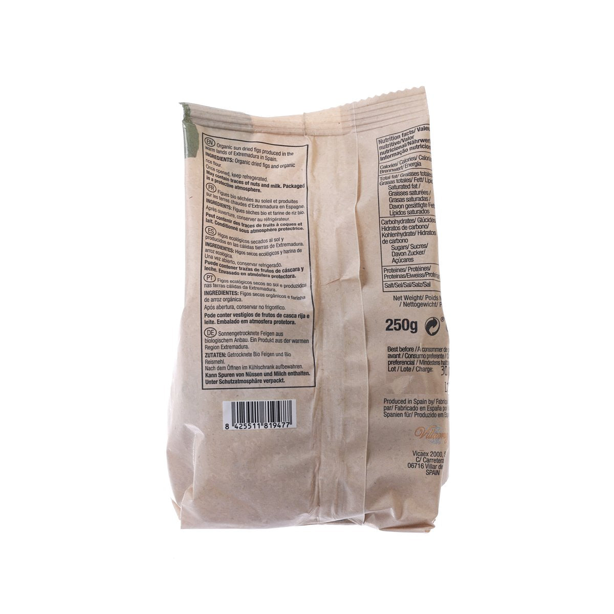 Organic sun-dried figs bag back label, 250 g