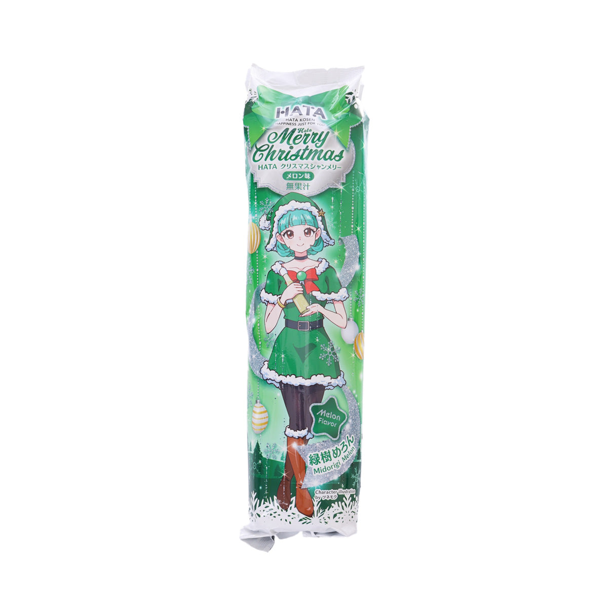 Melon-flavored sparkling drink bottle, green Christmas label with cartoon girl