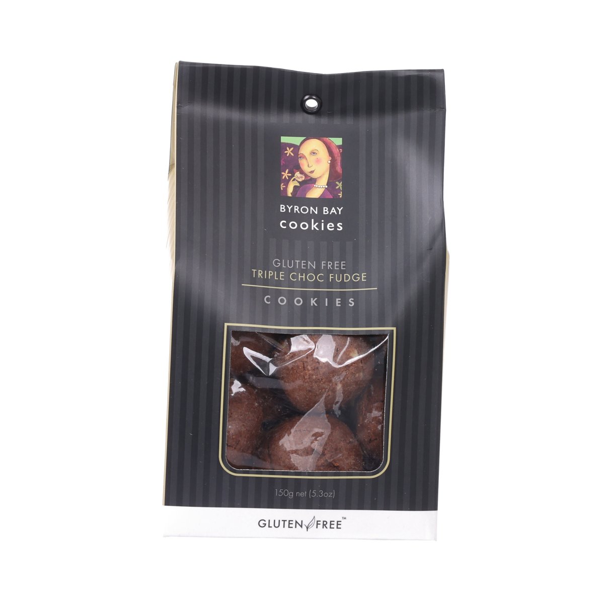 Gluten-free triple chocolate cookie pouch with front cookie photo and logo