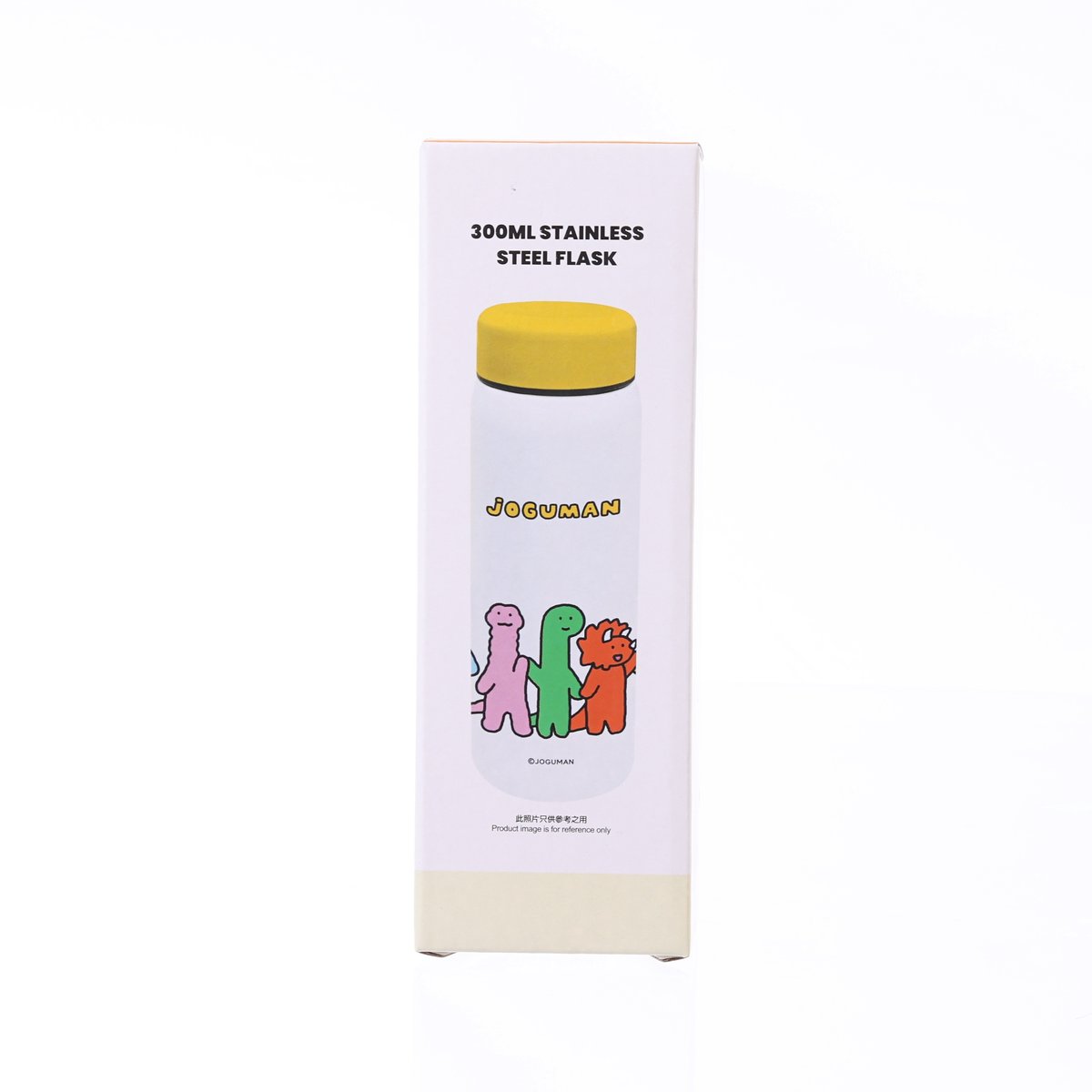300ml stainless steel vacuum flask box with yellow lid and Joguman character graphics