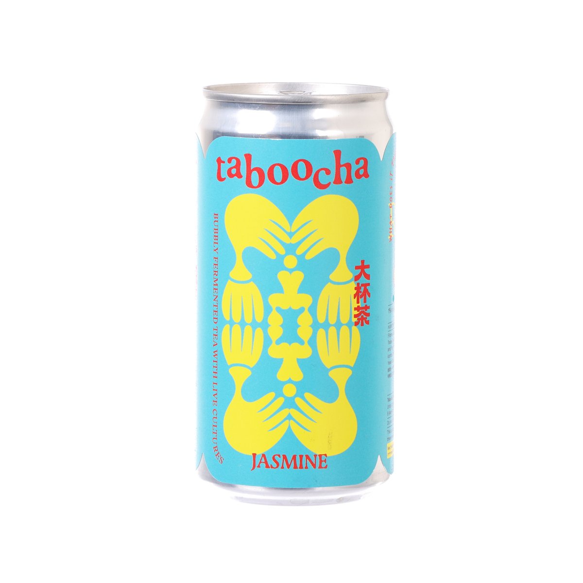 Jasmine green tea kombucha can, TABOOCHA 250 mL, blue with yellow label