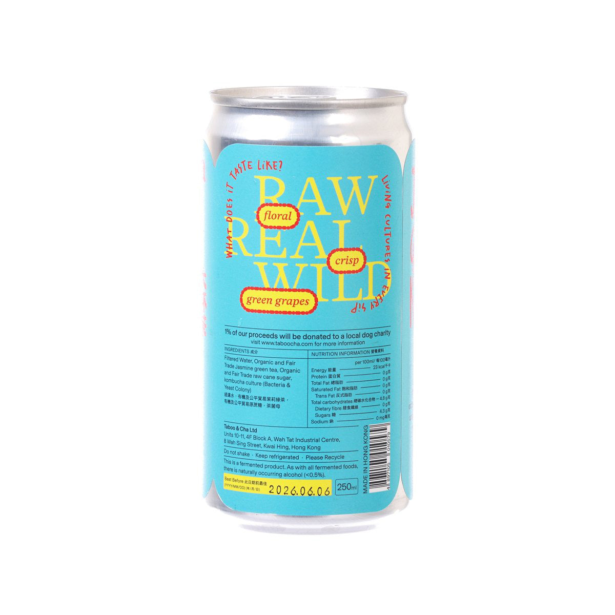 Jasmine green tea kombucha can, TABOOCHA 250 mL, back label with barcode and text