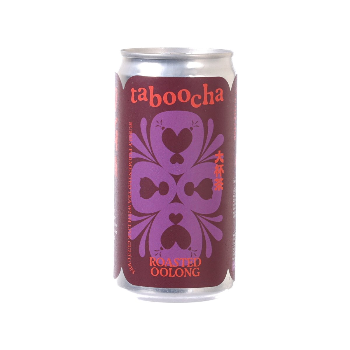 Roasted oolong kombucha can, maroon with purple floral icon and 'taboocha' logo