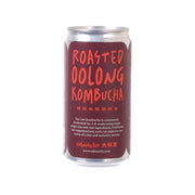 Roasted oolong kombucha can, maroon with red 'ROASTED OOLONG KOMBUCHA' text