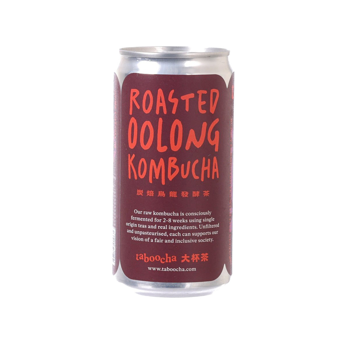 Roasted oolong kombucha can, maroon with red 'ROASTED OOLONG KOMBUCHA' text