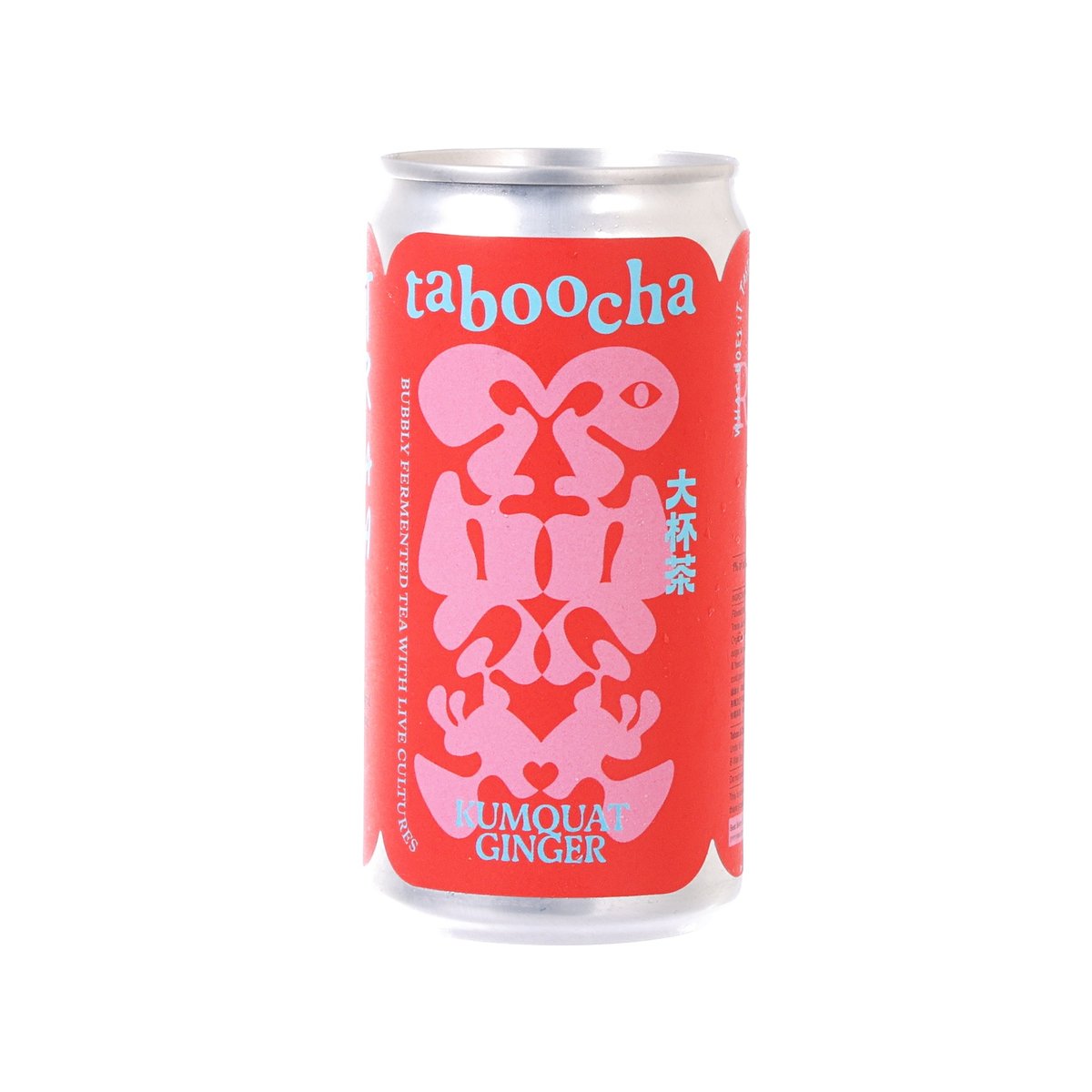 TABOOCHA kumquat ginger green tea kombucha can, red label, front view