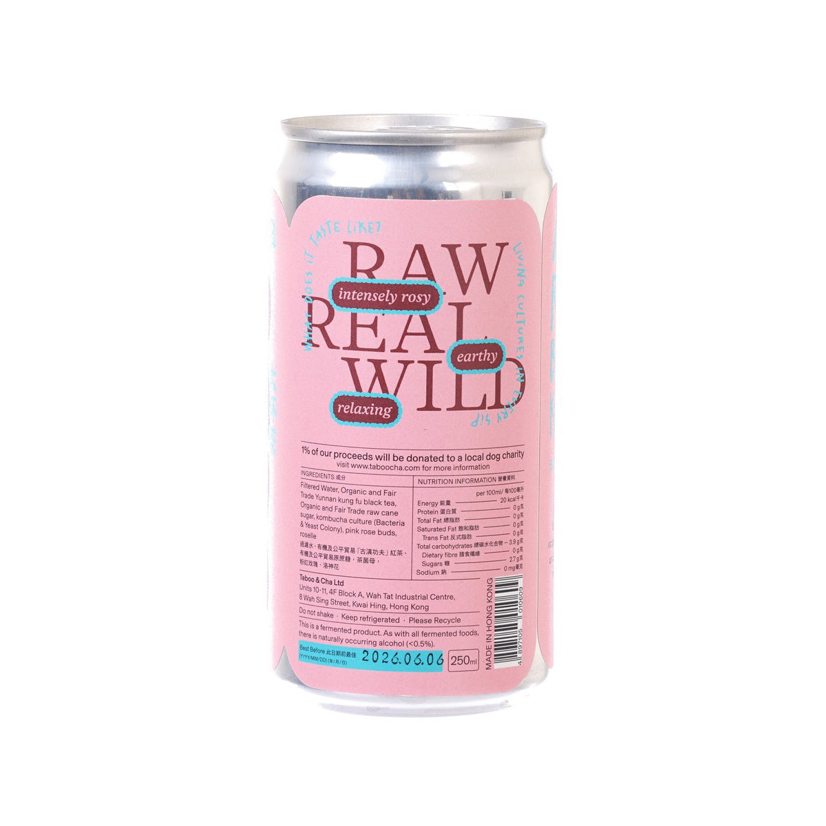 TABOOCHA rose black tea kombucha can back label, pink with text, 250 mL