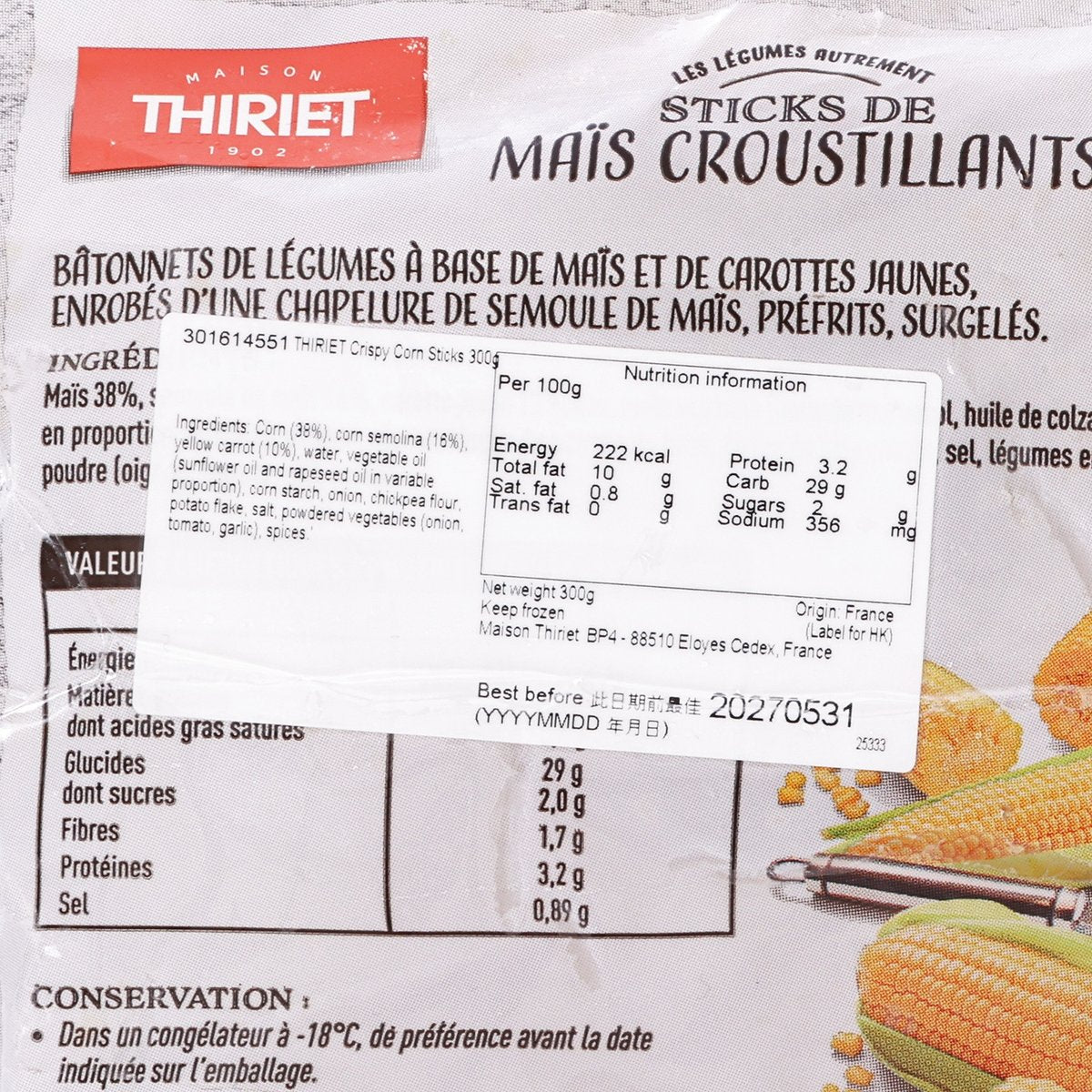 THIRIET corn sticks label close-up with ingredients and nutrition table