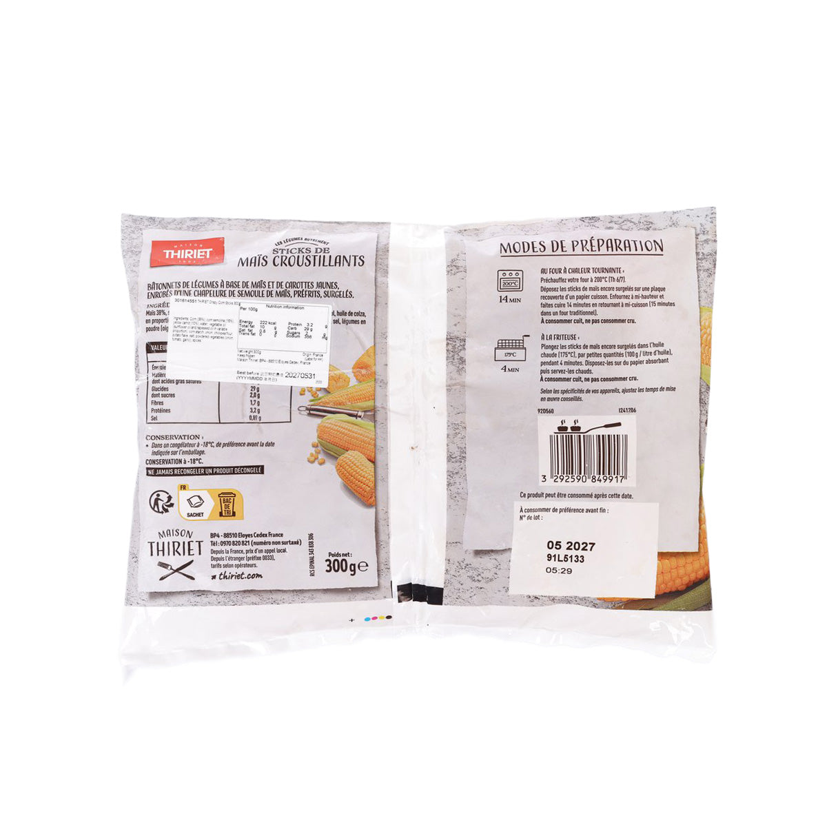 THIRIET crispy corn sticks bag, 300 g, back panel with prep and nutrition info