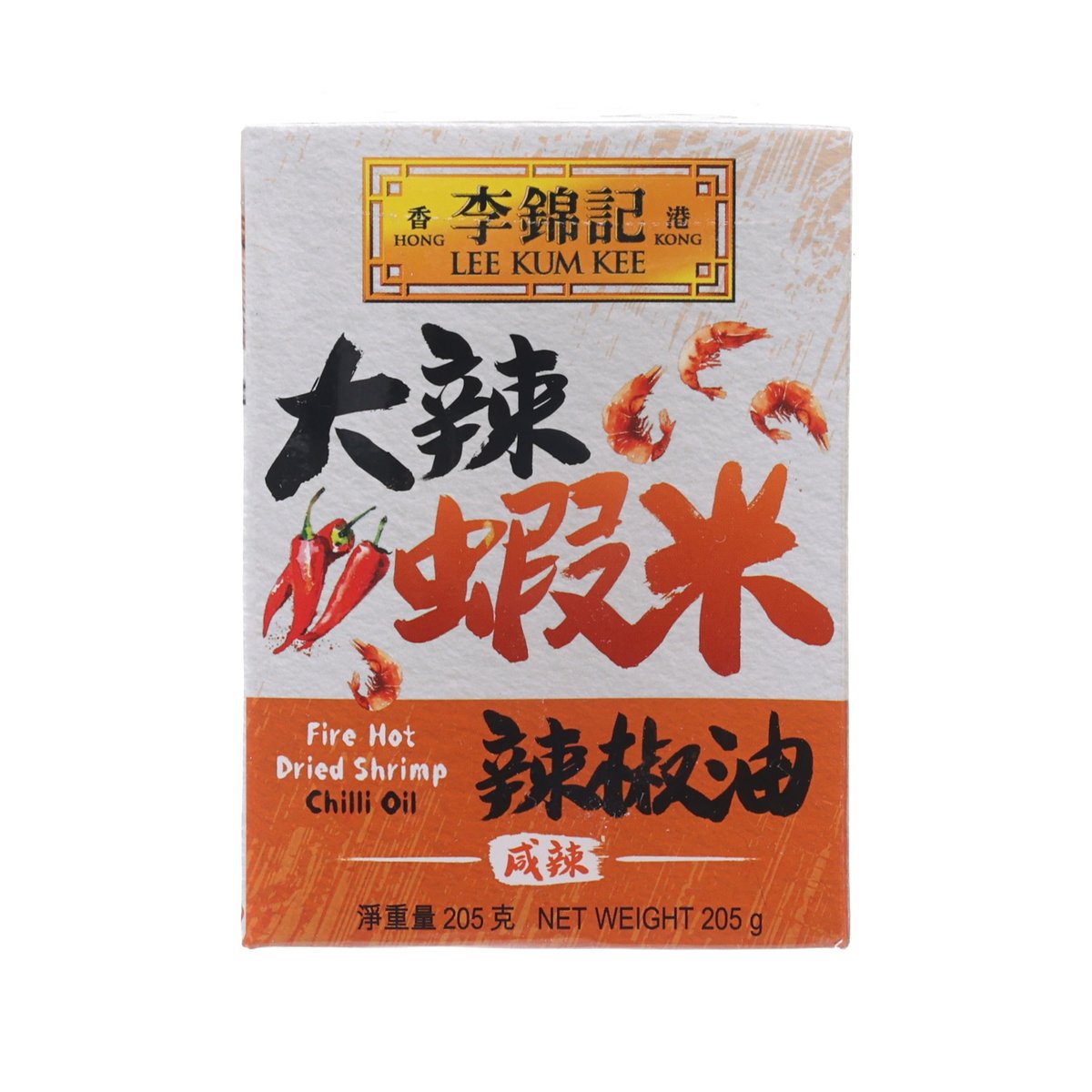 LEE KUM KEE fire hot dried shrimp chilli oil box, 205g, front panel