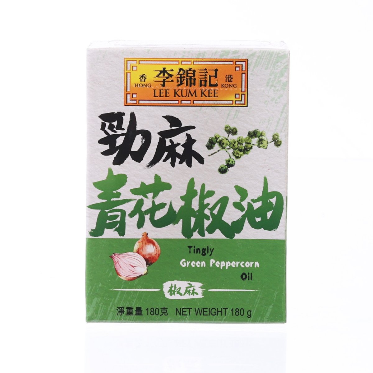 LEE KUM KEE green peppercorn oil 180 g carton, front label with pepper and garlic