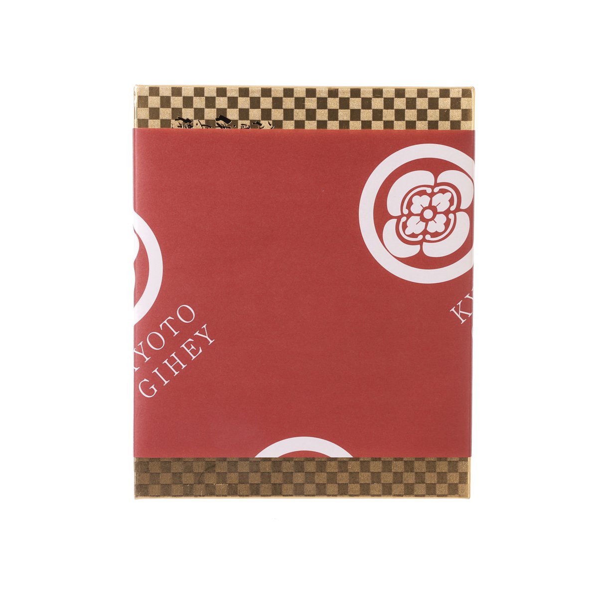 Red rice gift set box with patterned wrap and checkered trim, front view