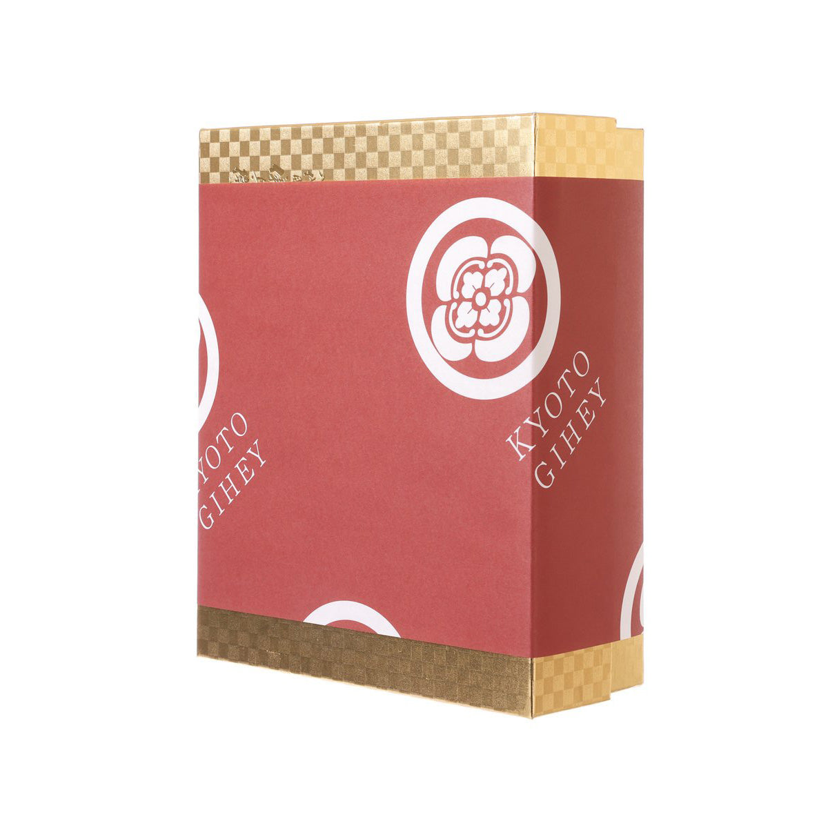 Red rice gift set box with side view, checkered border and circular logo