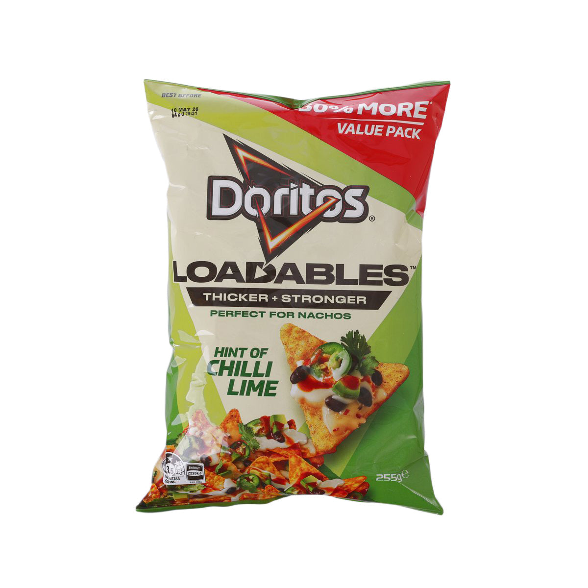 Doritos Loadables corn chips bag, chilli lime flavor, 255g