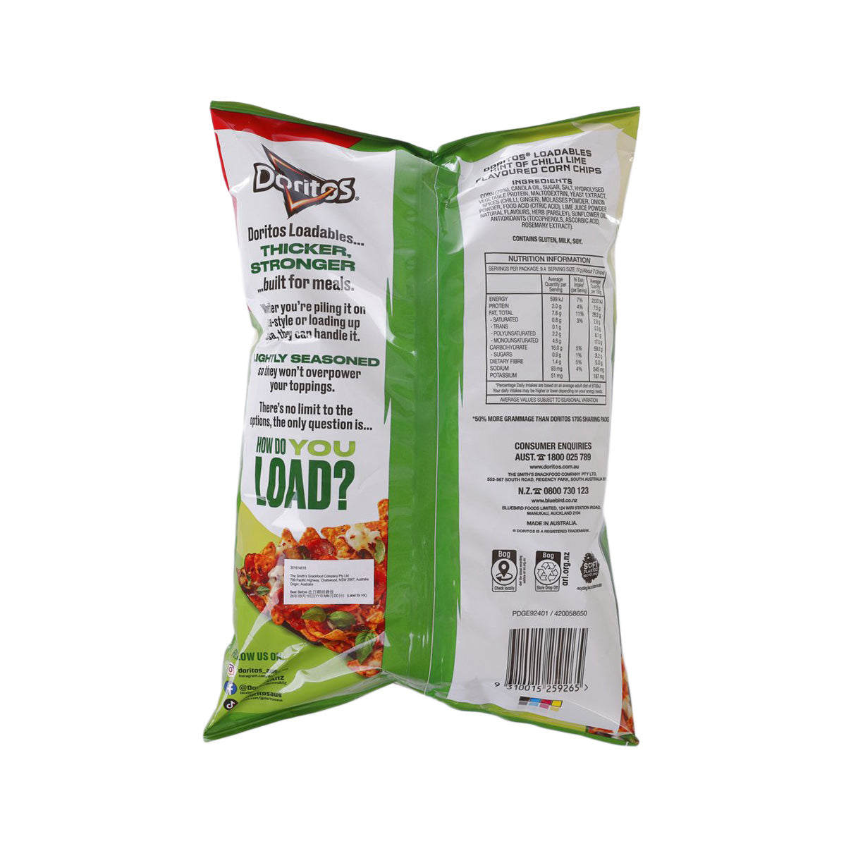 Doritos Loadables corn chips bag back panel with nutrition and ingredient info