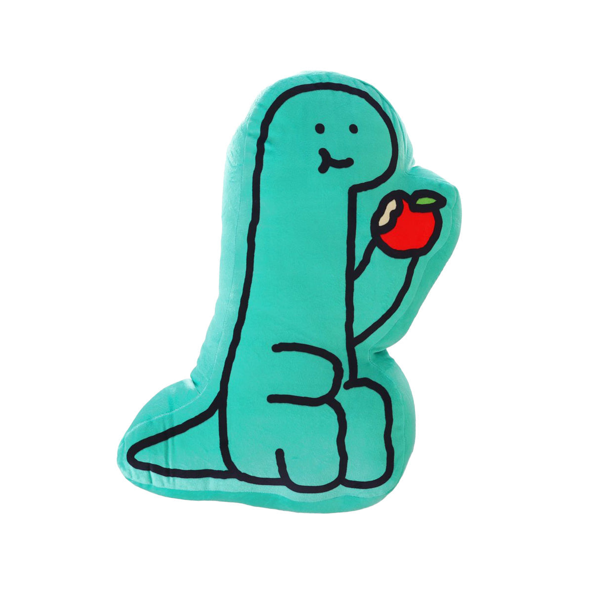 Teal plush dinosaur cushion with smiling face and red heart accessory