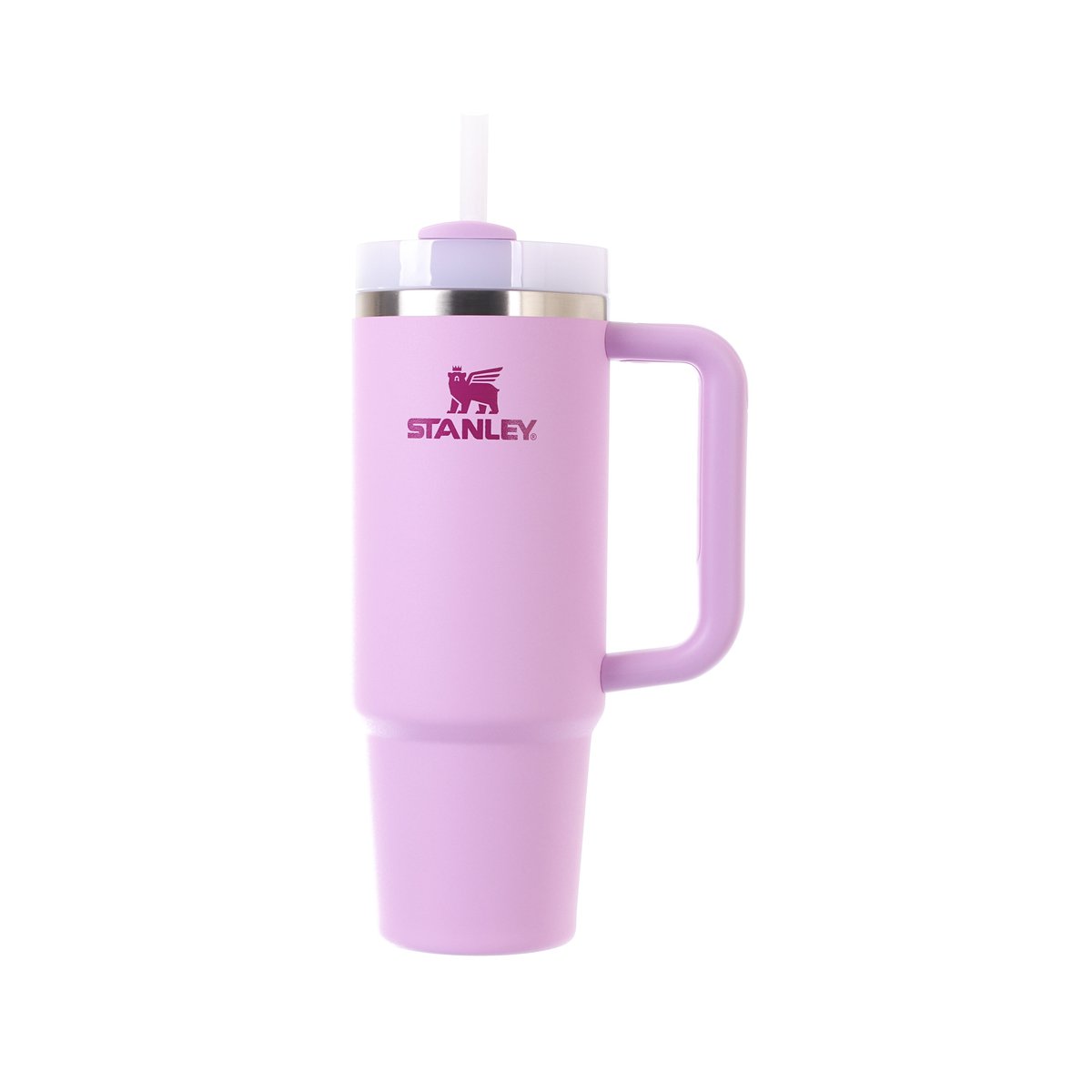 Soft orchid 30oz vacuum tumbler with handle and STANLEY logo, flip lid