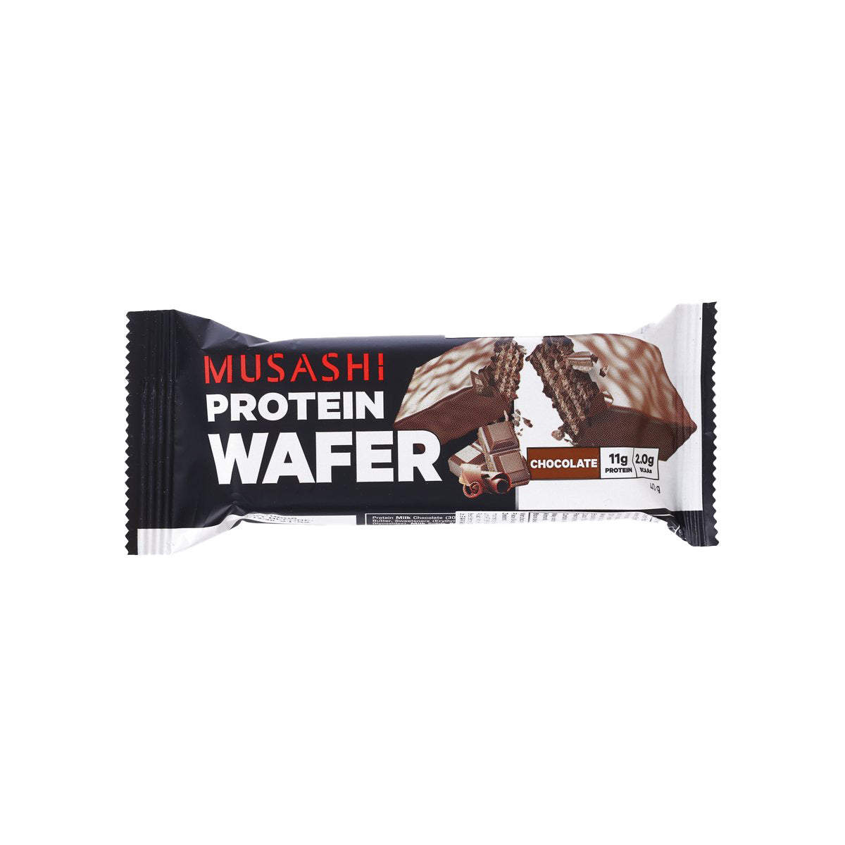 Chocolate protein wafer bar in black wrapper, front label and flavor panel visible