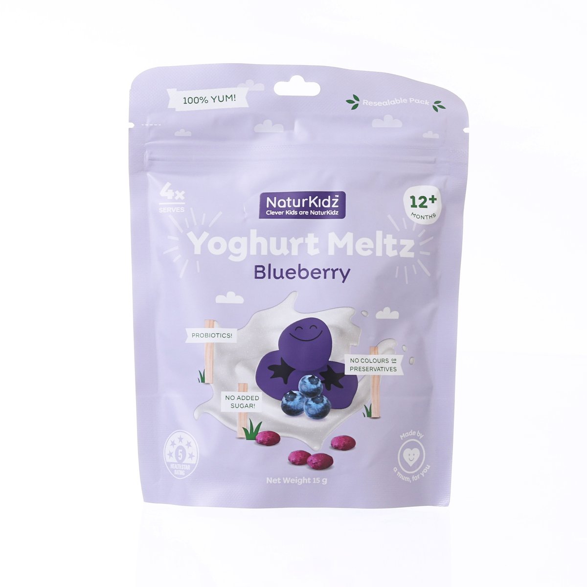 Purple blueberry yogurt meltz pouch, 15 g, 12+ with probiotics