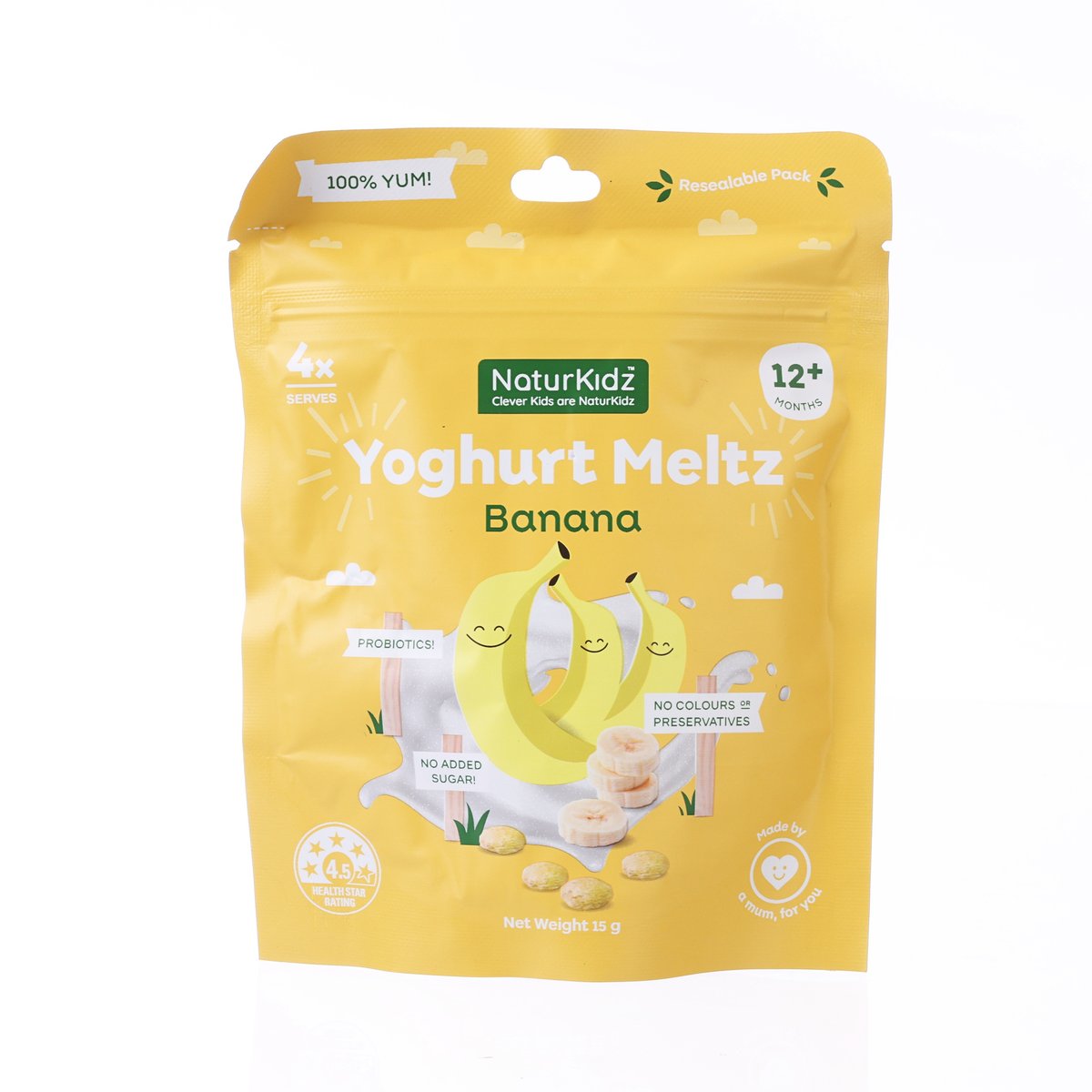 Banana yogurt meltz snack pouch, yellow package with banana graphics and 12+ label
