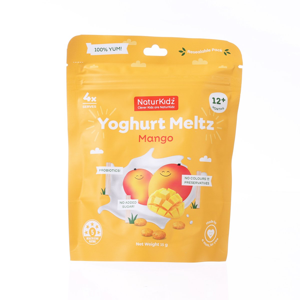 NATURKIDZ Yoghurt Meltz Mango kids snack pouch, 12+ years, net wt 15 g