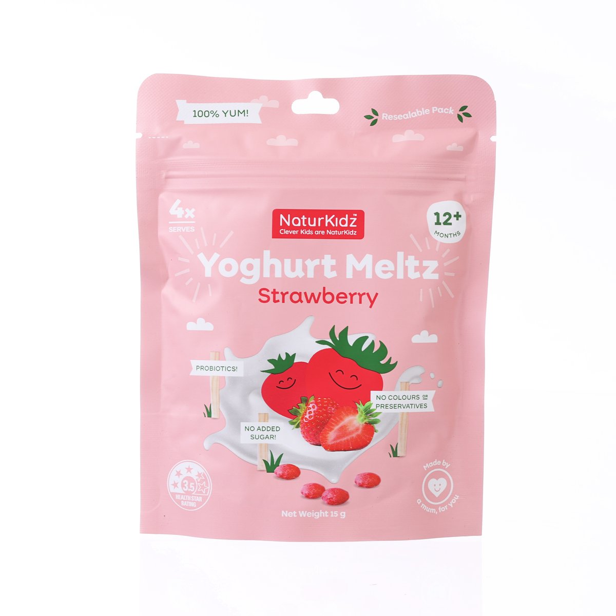Kids strawberry yogurt meltz pouch, pink resealable snack bag with front label