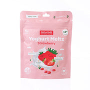 Kids strawberry yogurt meltz pouch, pink resealable snack bag with front label