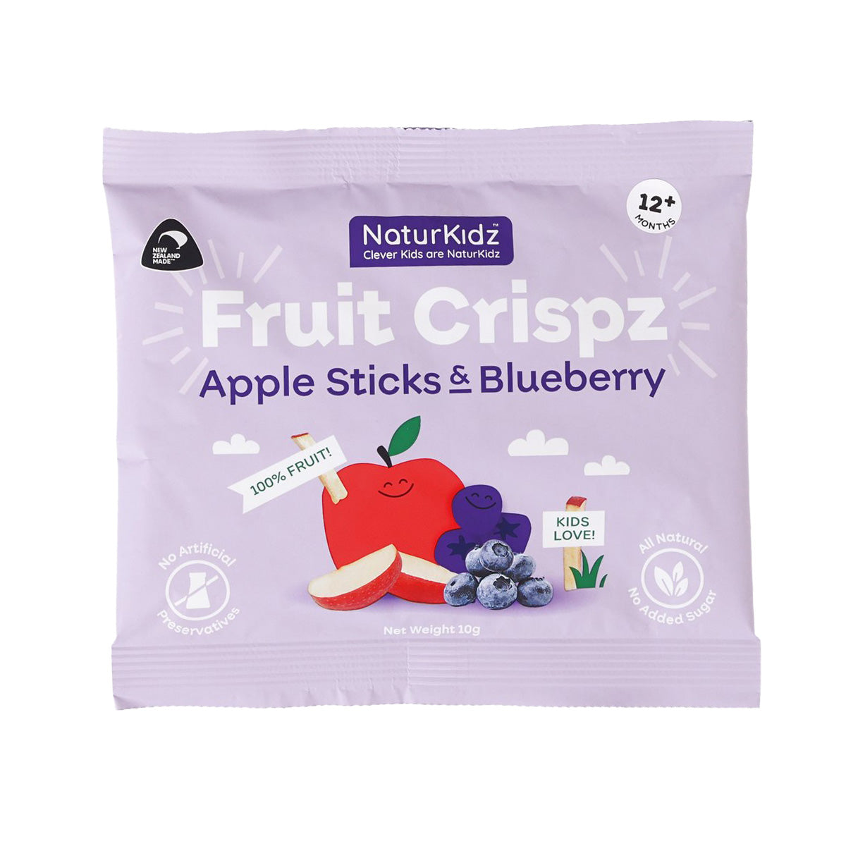 Fruit crispz apple sticks & blueberry pouch, purple front with fruit graphics
