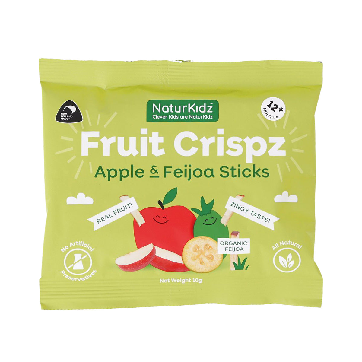 Green fruit crispz snack pouch for Apple & Feijoa sticks, net wt 10g