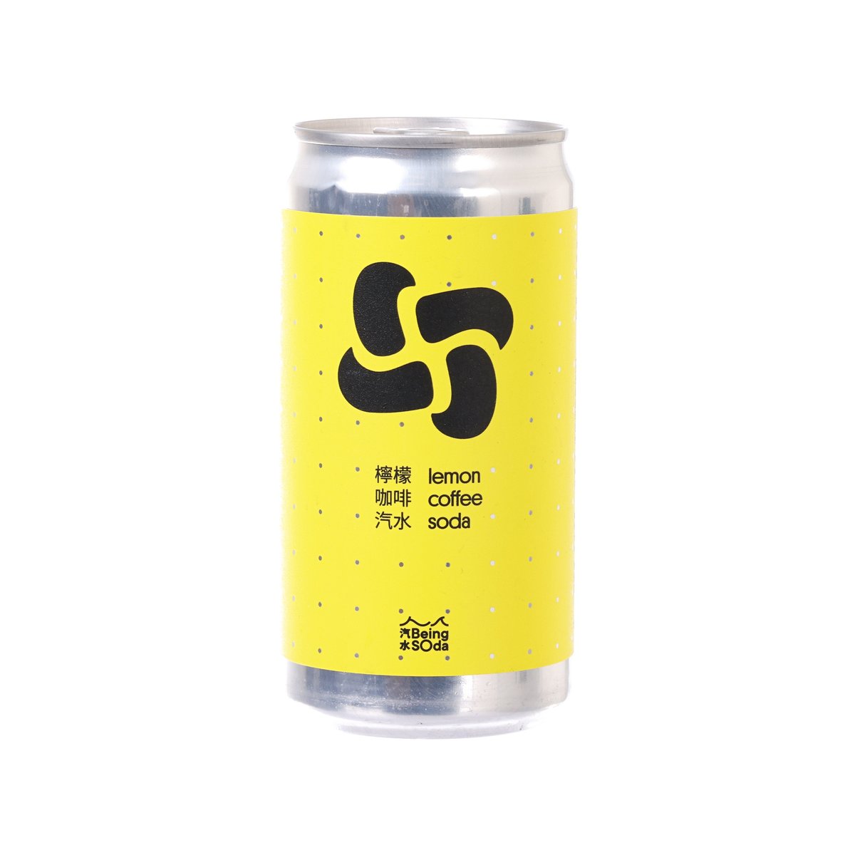 Lemon coffee soda can with yellow label and BeingSoda logo, 250 mL