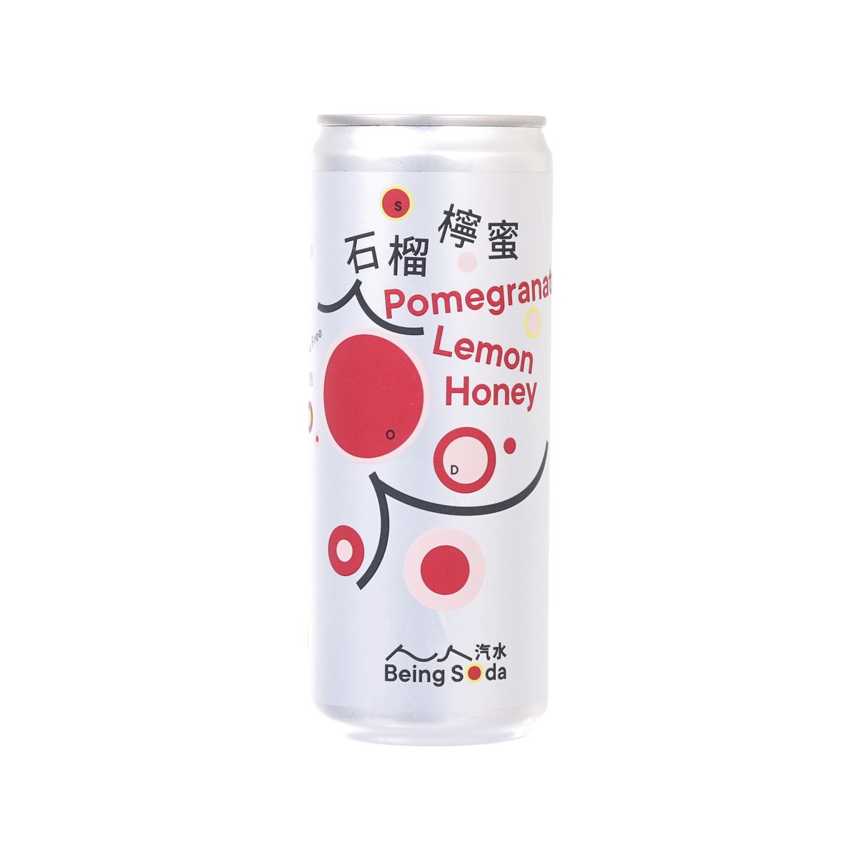 BEINGSODA soda can: Pomegranate Lemon Honey, white with red front graphic