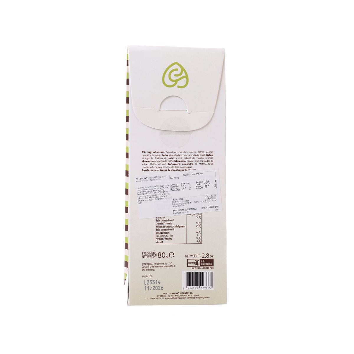 Almond chocolate matcha tea pouch back with logo, barcode, and serving info