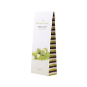 Almond chocolate matcha tea bar pouch, white package with green stripe and almond graphics