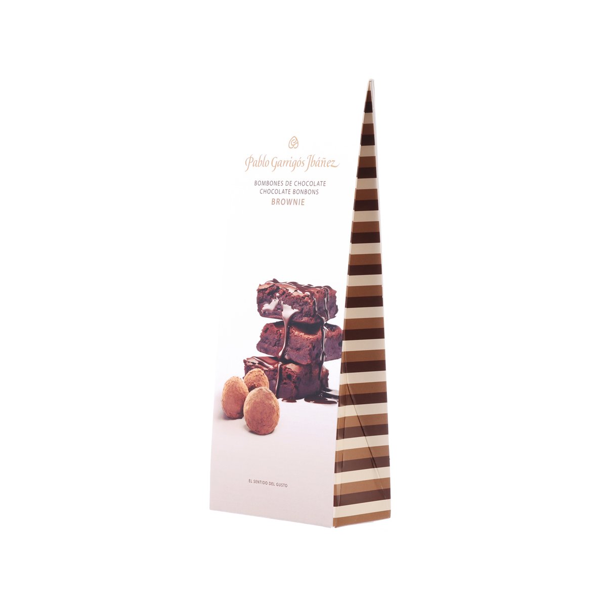 Chocolate bonbons Brownie in white paper bag with brown striped side panel and truffle image