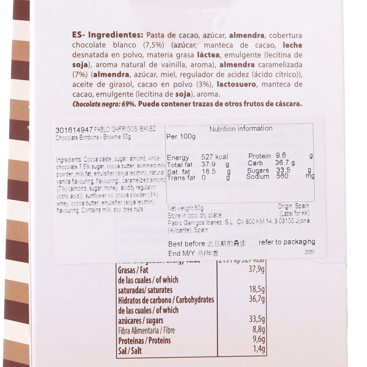Nutrition and ingredients label close-up on Brownie chocolate bonbons package