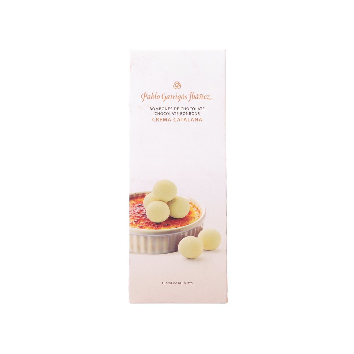 Chocolate bonbon gift bag with crema catalan flavor and three cream-colored chocolates