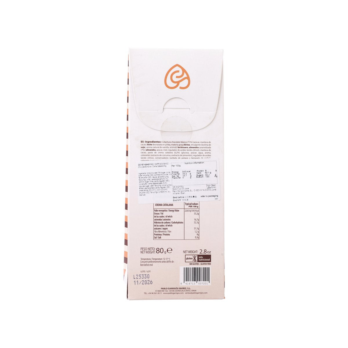 Chocolate bonbon package back with ingredient list, barcode, and net weight