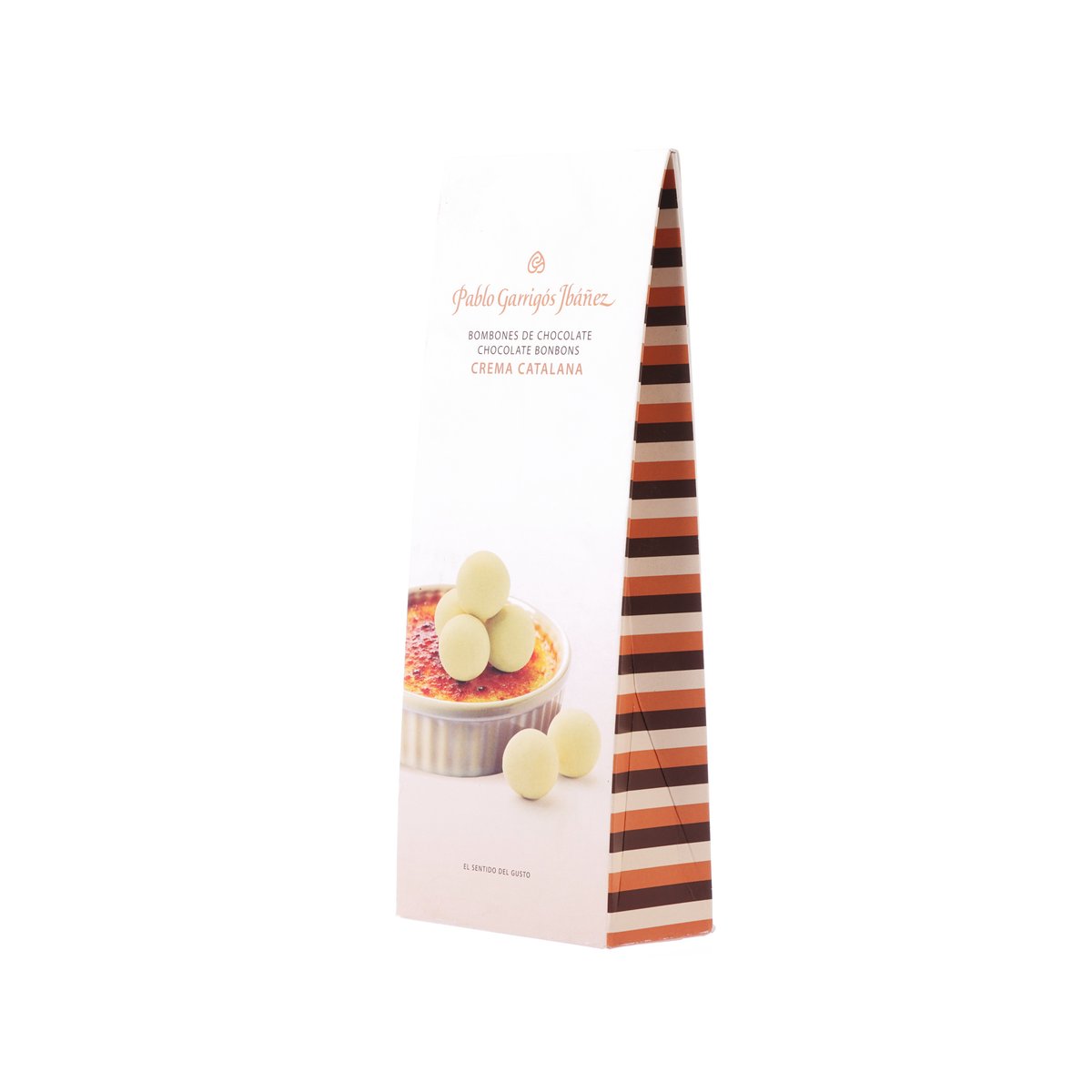 Chocolate bonbon gift bag with crema catalan label and striped wrap side panel