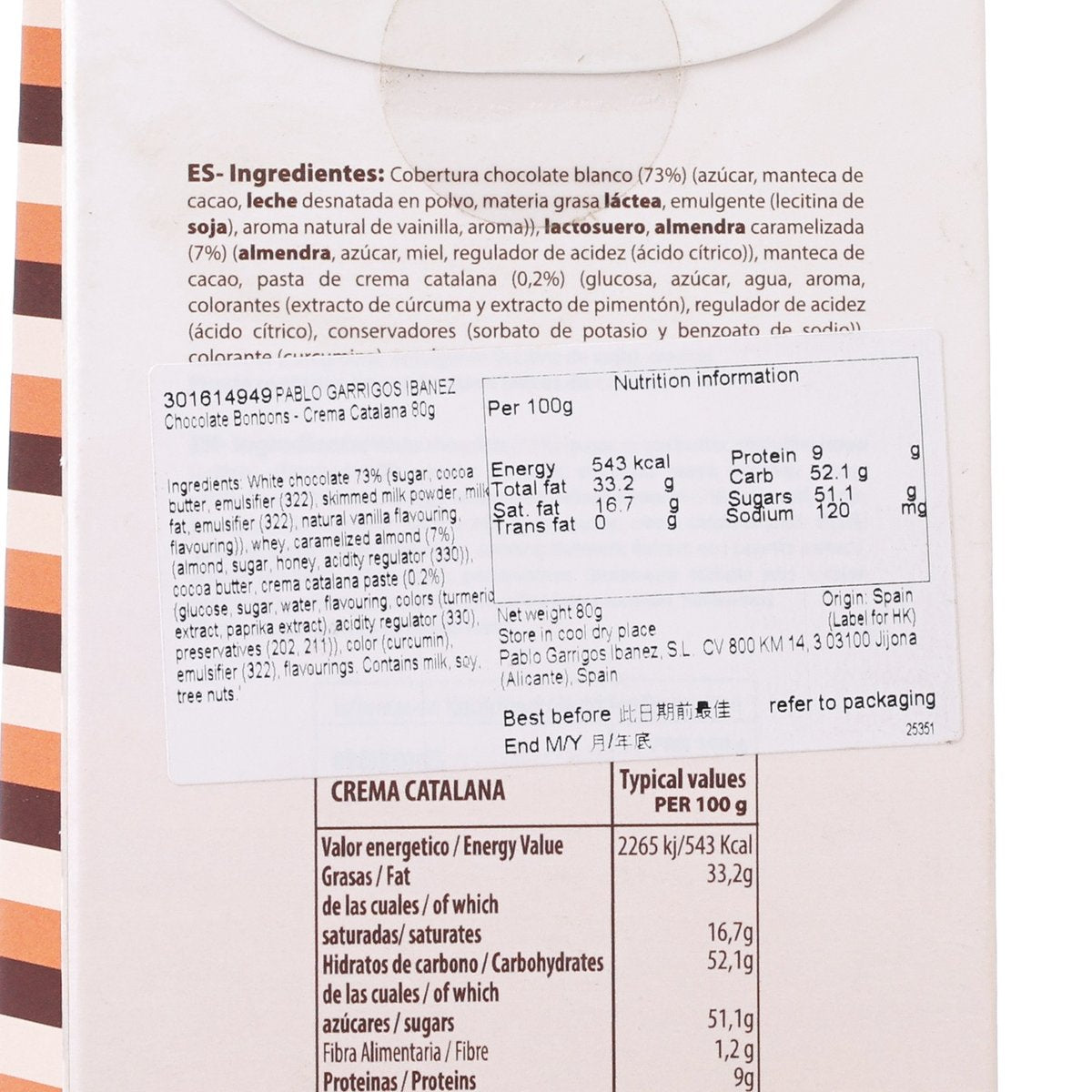 Crema catalana nutrition facts label on chocolate bonbon package, close-up
