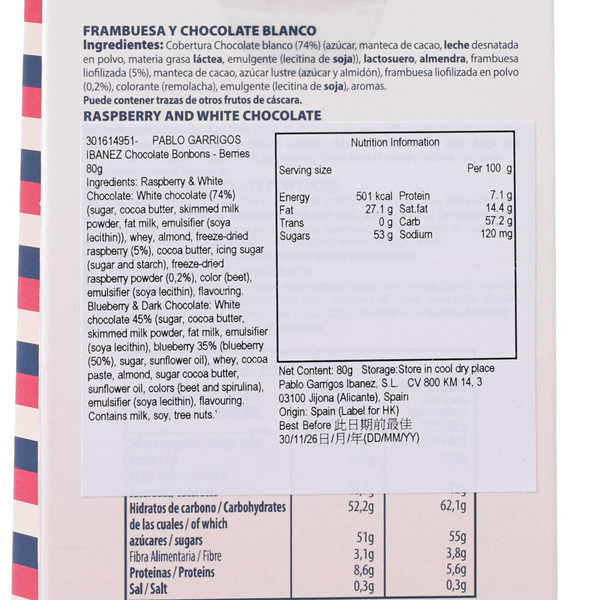 Chocolate bonbons berries nutrition and ingredients label on the pouch