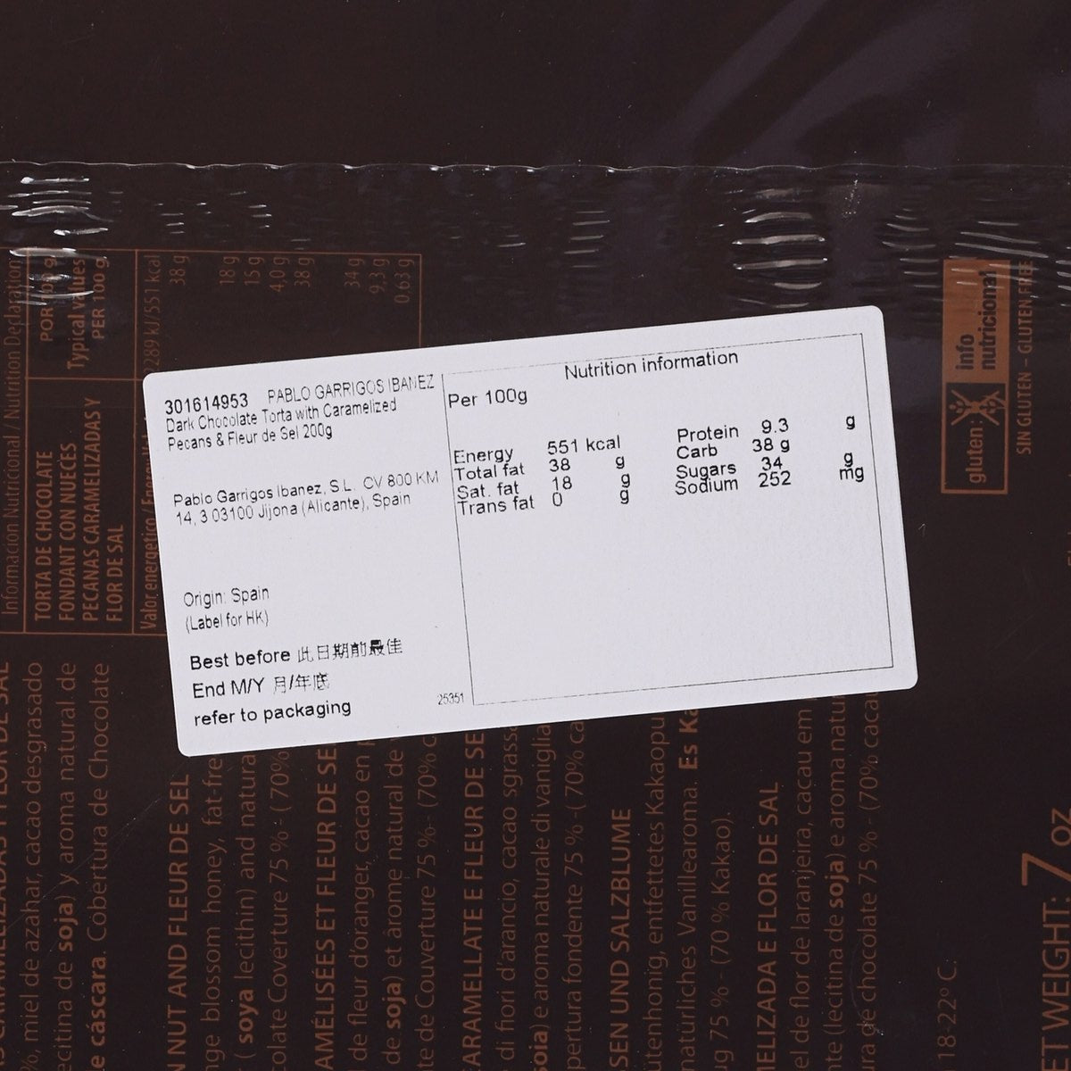 Nutrition label on dark chocolate torta package with caramelized pecans and fleur de sel