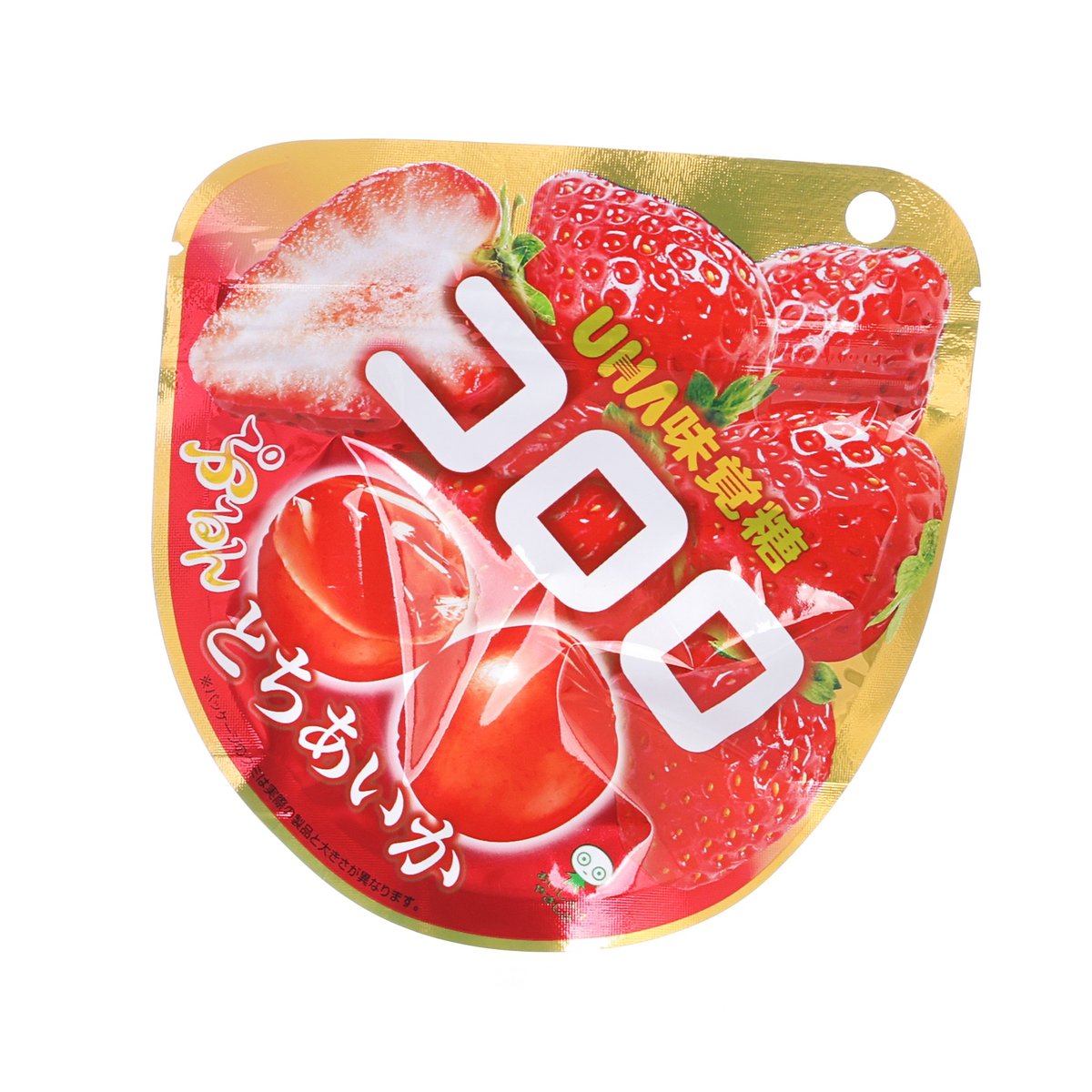 Strawberry gummy pouch, red UHA MIKAKUTO pack with green accents