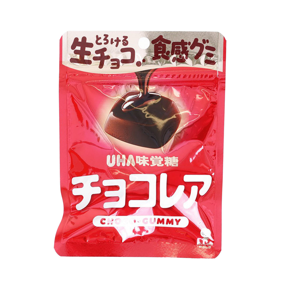 UHA MIKAKUTO chocolate gummy pouch with chocolate-shaped gummy in red bag