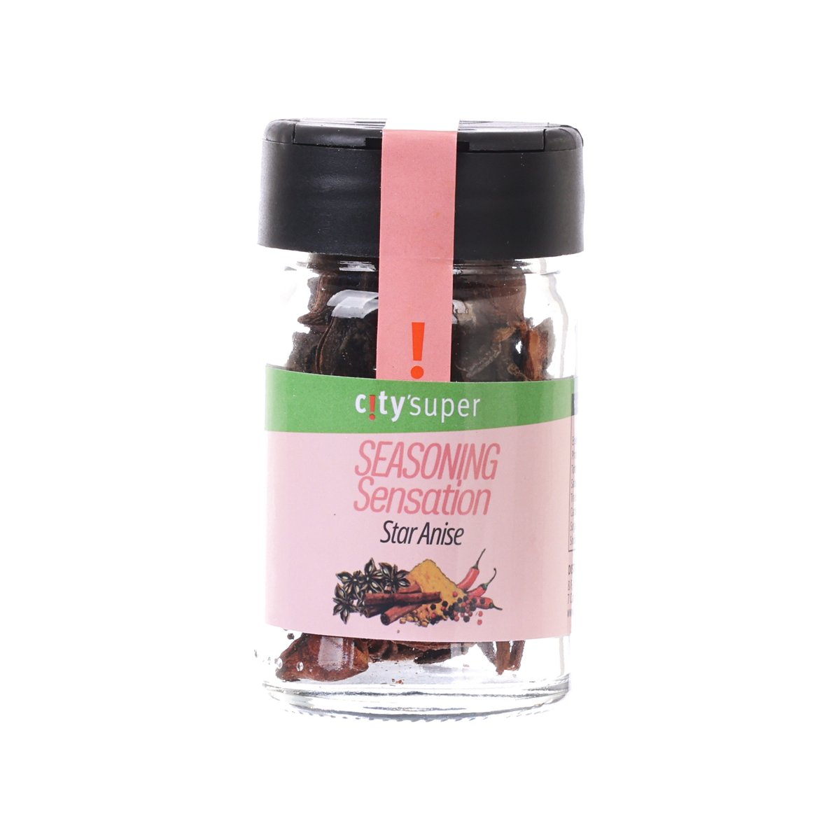 Star anise seasoning in clear glass bottle with black cap