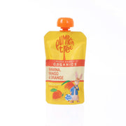 Organic banana, mango & orange puree pouch with orange flip cap, PETER RABBIT brand.
