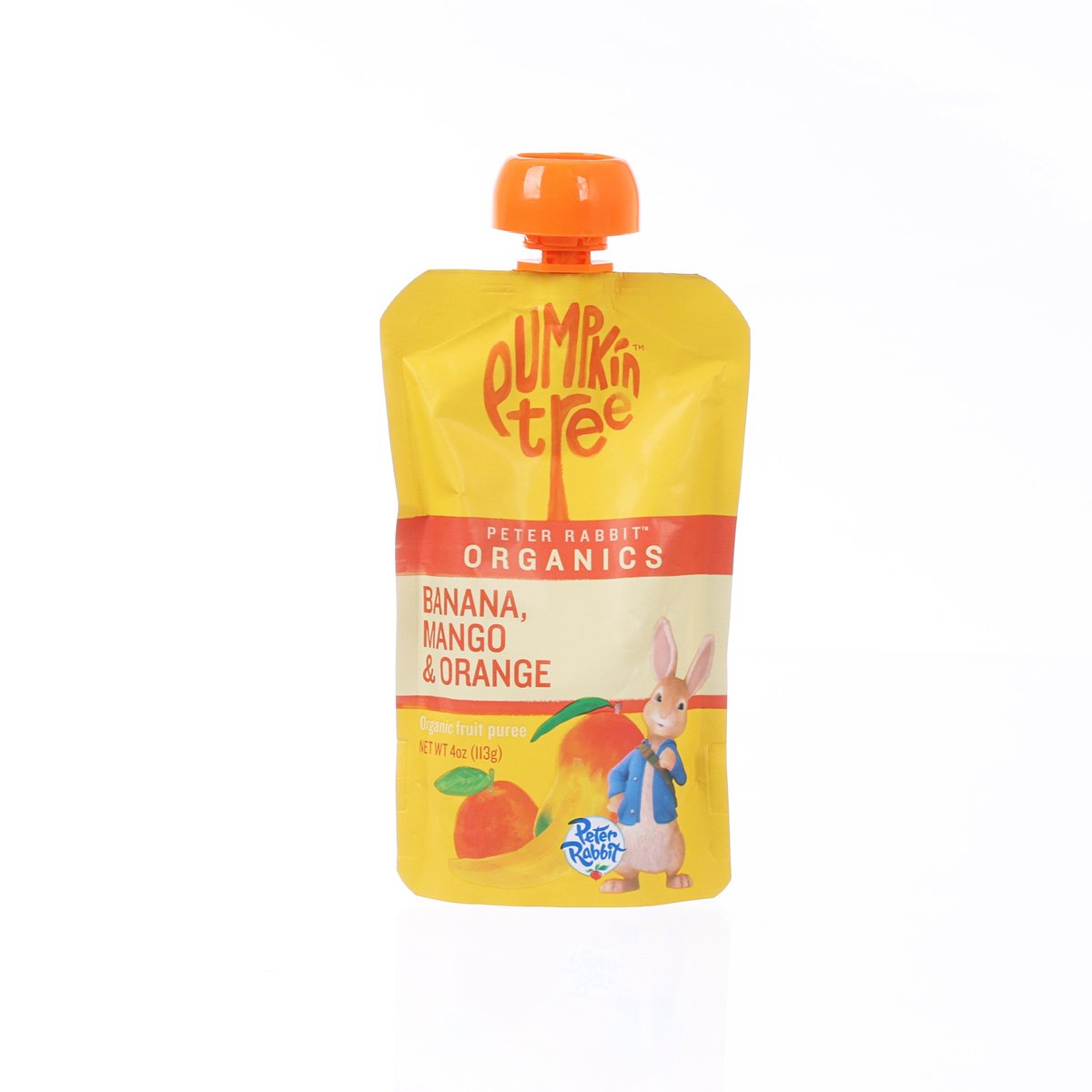 Organic banana, mango & orange puree pouch with orange flip cap, PETER RABBIT brand.