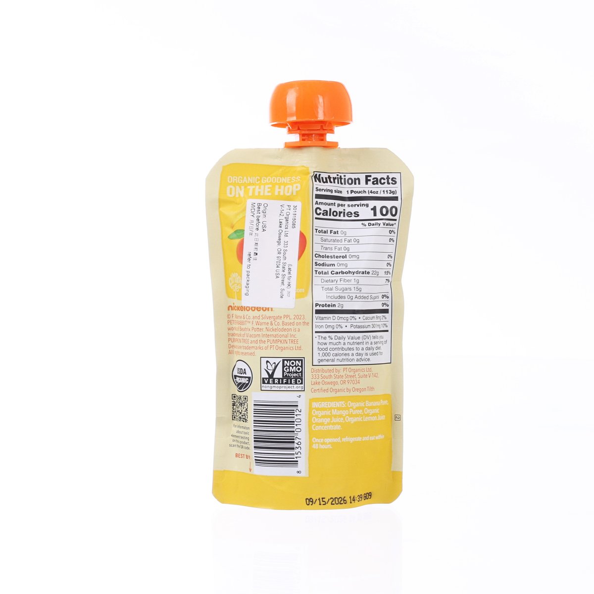 Back of yellow puree pouch with orange cap and Nutrition Facts label, PETER RABBIT.