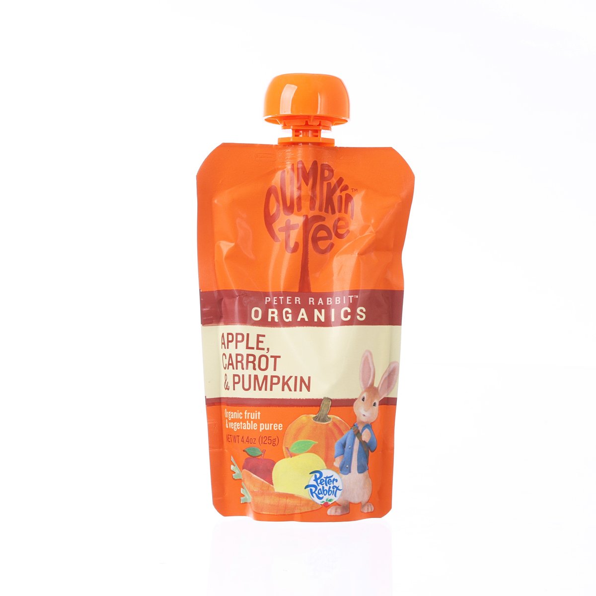 Orange fruit and vegetable puree pouch with pumpkin, apple and carrot label