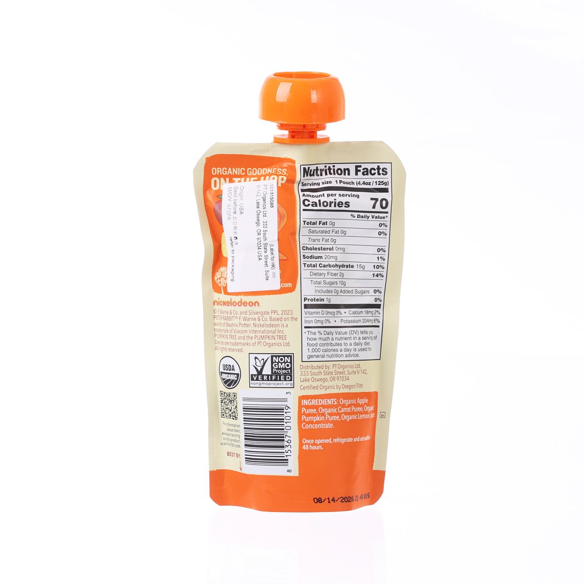 Back of orange puree pouch with nutrition facts panel and barcode